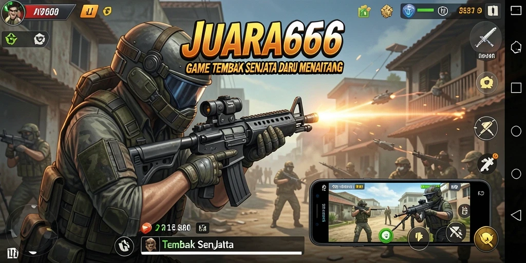 Antarmuka permainan JUARA666 dengan aksi tembak-menembak yang mendebarkan.